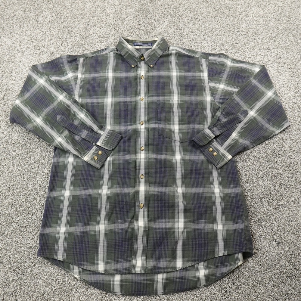 Van Heusen Shirt Mens M Blue Green Long Sleeve Button‎ Up Preppy Casual Dress